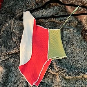 off the shoulder green pink and white top